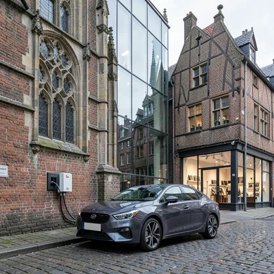 Medieval-modern temporal collision, Ghent layers, Electric car charging at outle