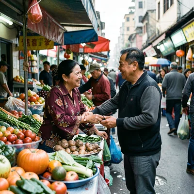 Street market at peak hour — vendor reaching across the stall, buyer's hand exte