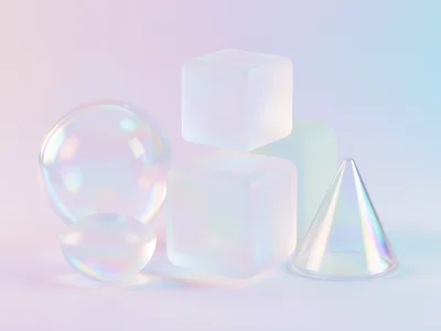 A collection of smooth geometric primitives: sphere, cube, cylinder, cone — all 