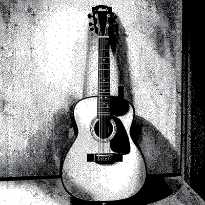1-bit dithered illustration, guitar against wall , black and white only, dither 
