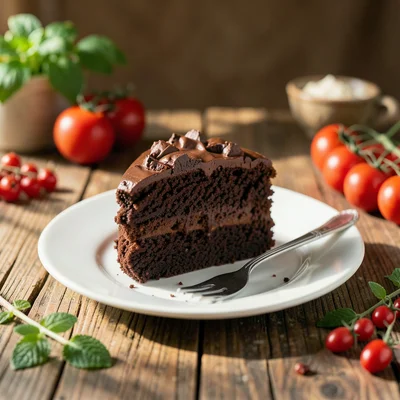 Close-up of a layered chocolate cake slice on a white plate, fork resting beside