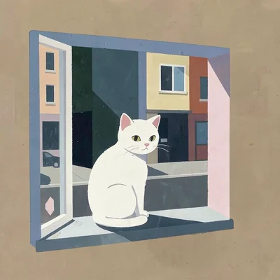 Cat sitting in a window, street visible through glass as flat rectangular planes