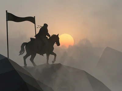 Cloaked rider silhouette on horseback cresting a foggy ridge against a low orang