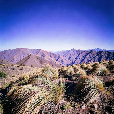 High altitude photograph, thin mountain air, Ichu grass bending in the wind on a