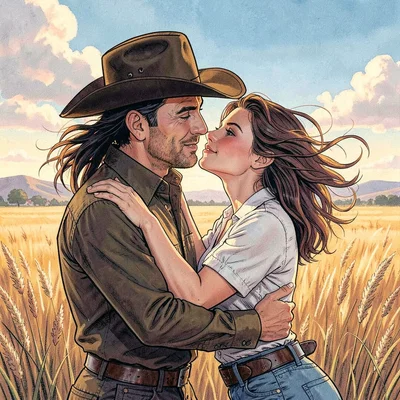 A cowboy and woman on prairie