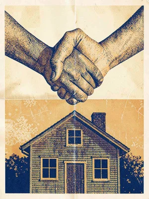 Riso poster motif of halftone clasped hands above a halftone home in indigo and 
