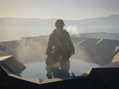 Kneeling soldier silhouette in a flooded crater at dawn, breath visible, helmet