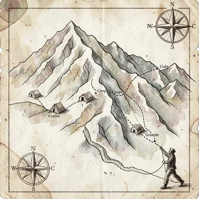 A glacier-trekking route map crossing a snowy massif with a dashed path, named c