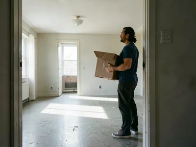 Moving day moment, cardboard box held while standing in empty apartment doorway,