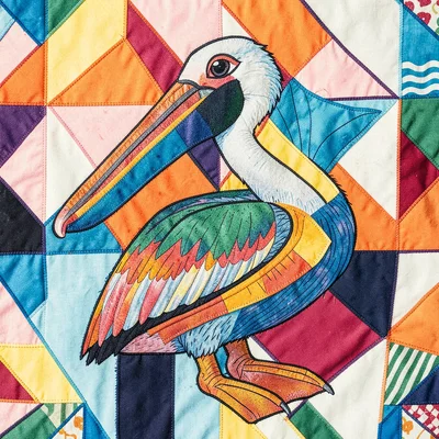Panamanian mola textile illustration, a pelican with pouch shown in layers , rev