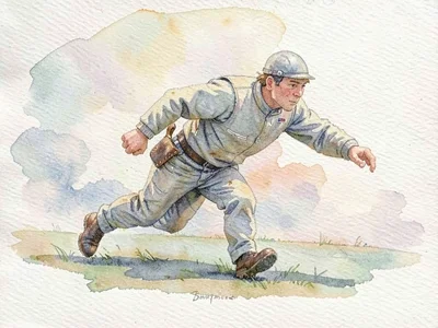 Slow-walking diver moving across foreground, knife sheath visible, canvas suit c