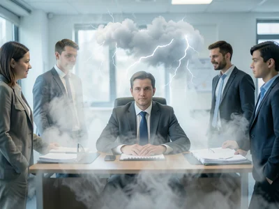 Office worker at desk with a personal fog bank, colleagues in clear air around t