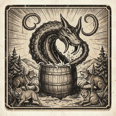 Craft beer label illustration, Kraken emerging from beer barrel , brewery label 