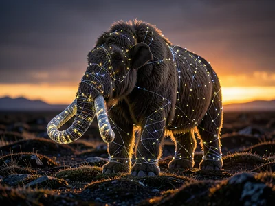 Woolly mammoth made of fiber optic cables, glowing in dark tundra