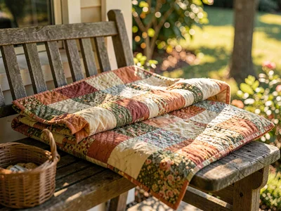 Warm still-life of a folded patchwork quilt on a porch bench, dappled afternoon