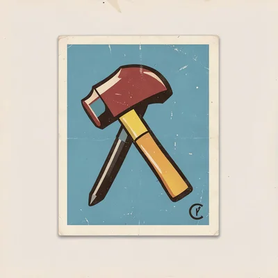 Czech matchbox label illustration, a hammer and nail in graphic form , vintage E