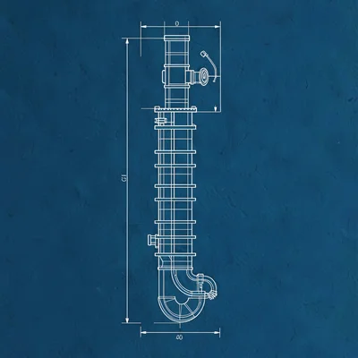 Vertical blueprint composition of a stylised plumbing-stack drawing in white lin