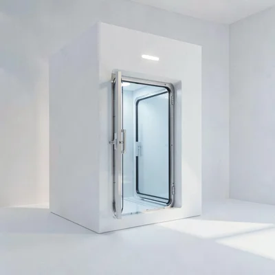 clean studio interior of a single cryo chamber with the door open, soft pale lig