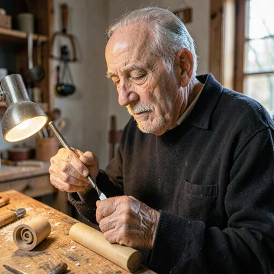 A patient Romanian violinmaker in his sixties shaping a scroll with a small chis
