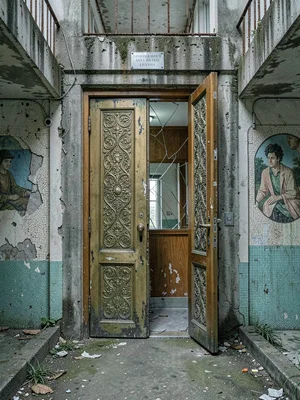 Soviet Elevator with Verdigrised Brass Doors Stuck Open