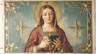Egg tempera illustration, Madonna holding a smartphone , yolk-bound pigment, gol