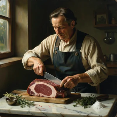 A butcher preparing a cut of meat, the knife and marble surface lit from the sid