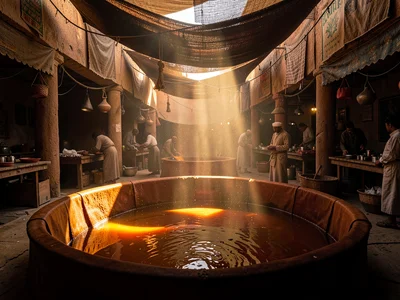 Light pool on leather tannery vats, circular pits of umber and saffron reflectin