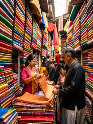 A fabric market in Jaipur, bolts of silk in every color stacked to the ceiling, 