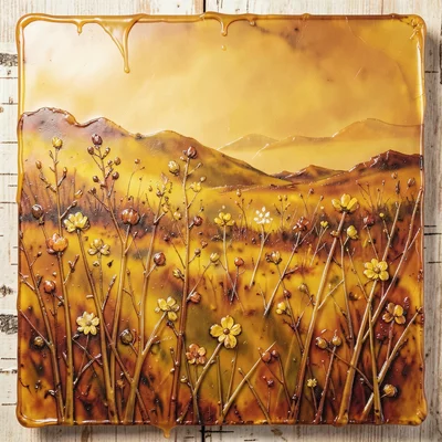 Beeswax and pigment creating spring meadow abstraction, texture and luminosity