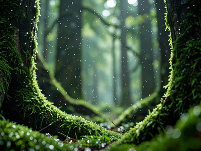 Raindrops on moss catching light as stars