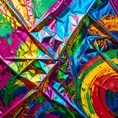 Crumpled metallic foil reflecting rainbow light, close-up texture