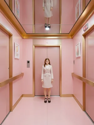 Elevator interior in rose gold and dusty pink, mirrored ceiling, single person s