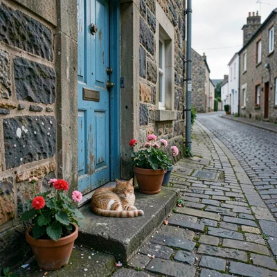 Quiet small town photography, contemplative scene, A cat sleeping in a doorway o