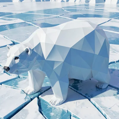A low-poly polar bear on cracked ice, each surface break in the ice resolved int