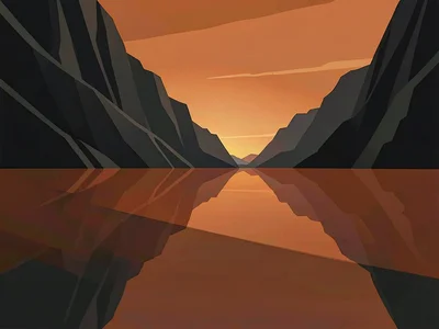 Glassy lake holds a perfect rust-orange evening sky between charcoal cliffs, har
