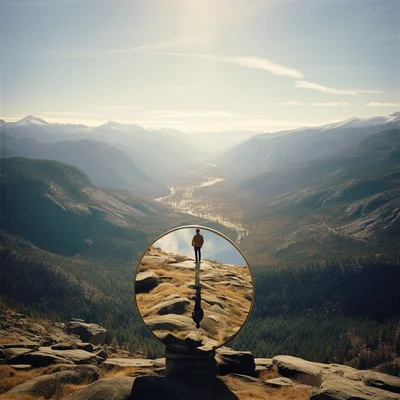 Photo On a mountaintop a hiker holds a mirror reflect