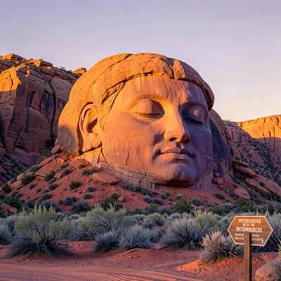 > A weather-eroded sandstone rock formation photographed from a desert highway viewpoint pull-off at approximately 200 y