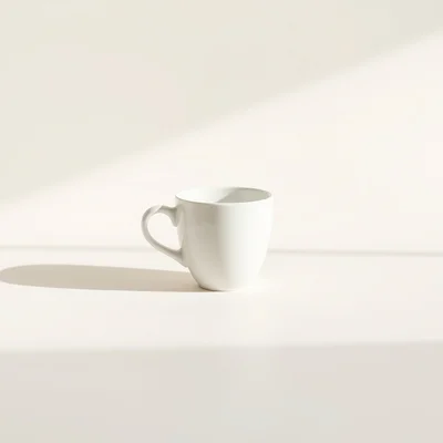 Minimalist photography of a single white coffee cup on a plain off-white background, centered composition, soft natural 