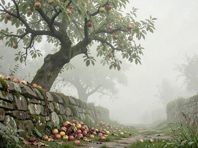 Gnarled apple tree leaning over a tumbled garden wall, fruit fallen and rotting,