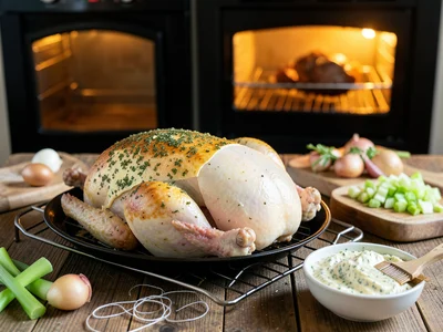 A Thanksgiving turkey prep scene mid-process — the raw turkey sitting on a roast