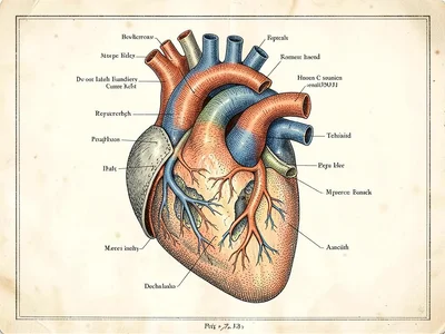 Interior cutaway of a heart with chambers, valves, and major vessels labeled in