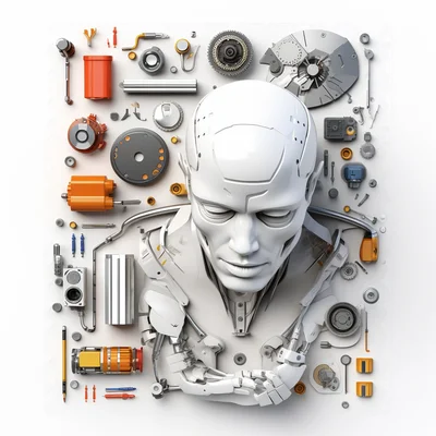 3D plastilina robot brain assembly tools on clean whi
