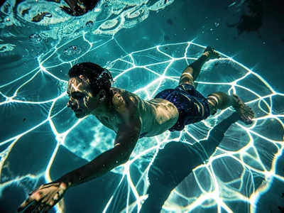 Swimmer cutting through caustic light