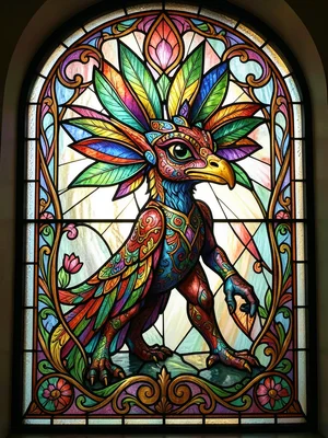 Oaxacan alebrije creature rendered in Art Nouveau stained glass window style
