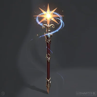 Fantasy weapon illustration, a wizard's staff topped with captured star, cosmic 