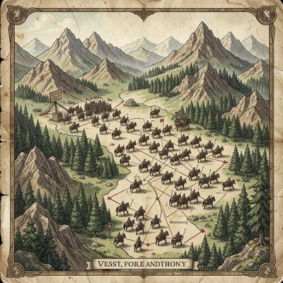 Fantasy map illustration, a battle map showing troop positions, terrain features