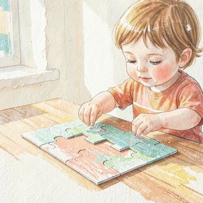 Child gently popping a piece from a 3D puzzle sheet on a sunlit table, paper-sof