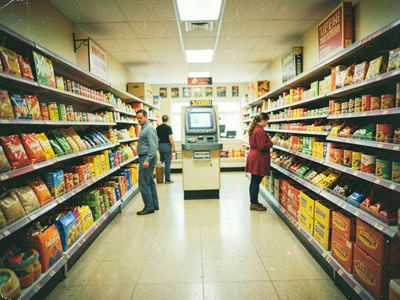 Grocery store from 1960s with self-checkout machine at end of aisle