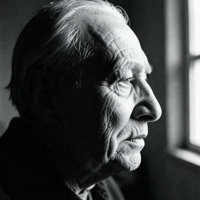 An elderly man's face in profile, deep wrinkles catching hard sidelight from a s