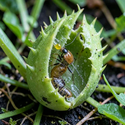 Venus flytrap frozen mid-closure, digestive enzymes visible, prey half-consumed